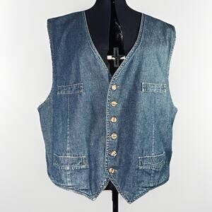 Vintage 90s Womens Large Blue Denim Vest Buttons Pocket Detail Pointed Hem Jean
